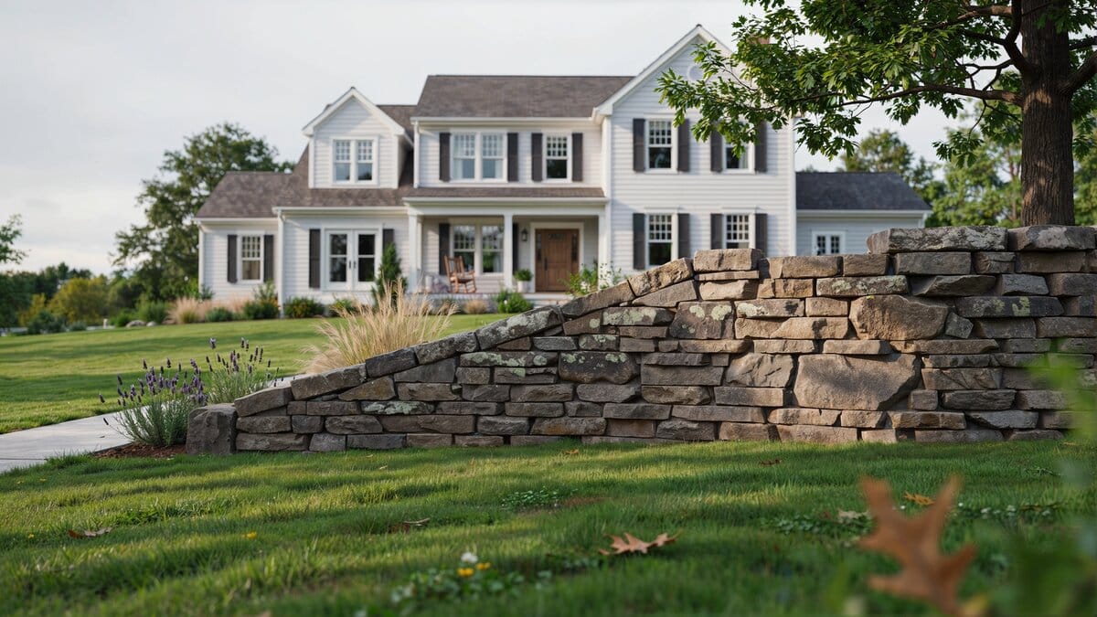 Stacked stone fence wall in the front yard of a home