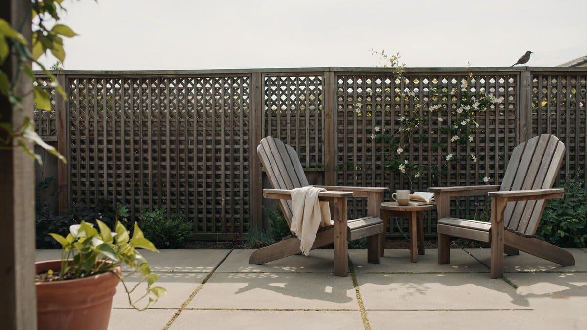 Wood lattice fence surrounding a shaded patio
