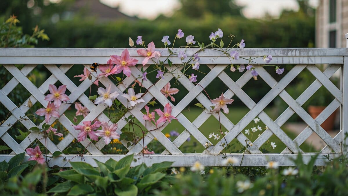 White wood lattice fence with climbing flowers in a garden