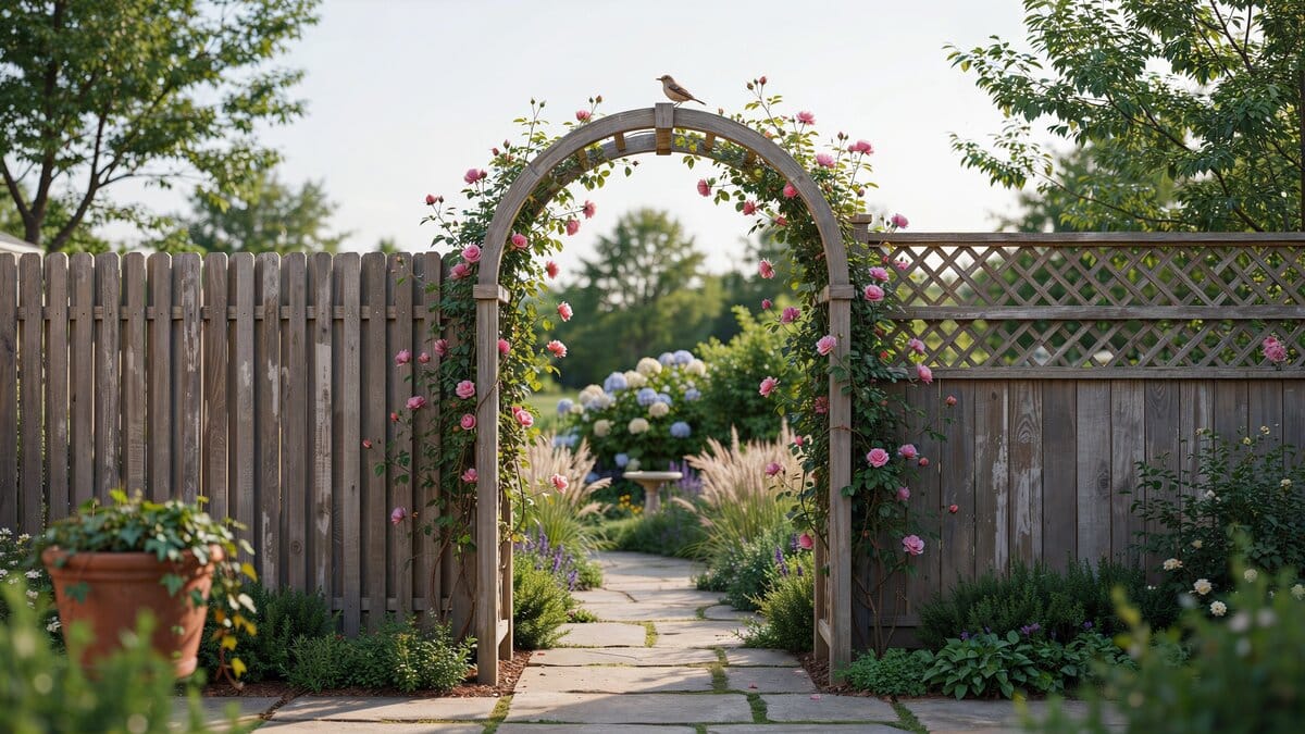 Wood fence with lattice panels and an arched arbor gate