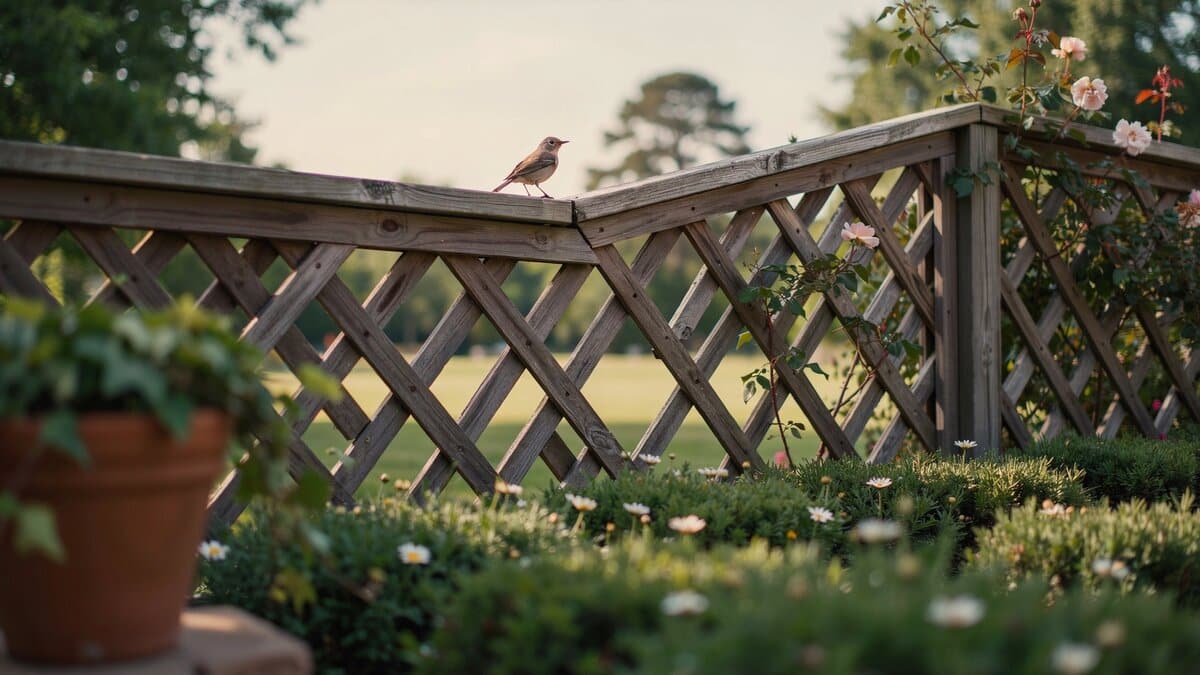 Rustic criss-cross lattice wood fence in a garden