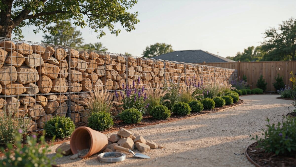 DIY gabion wall filled with sandstone rocks in a landscaped yard