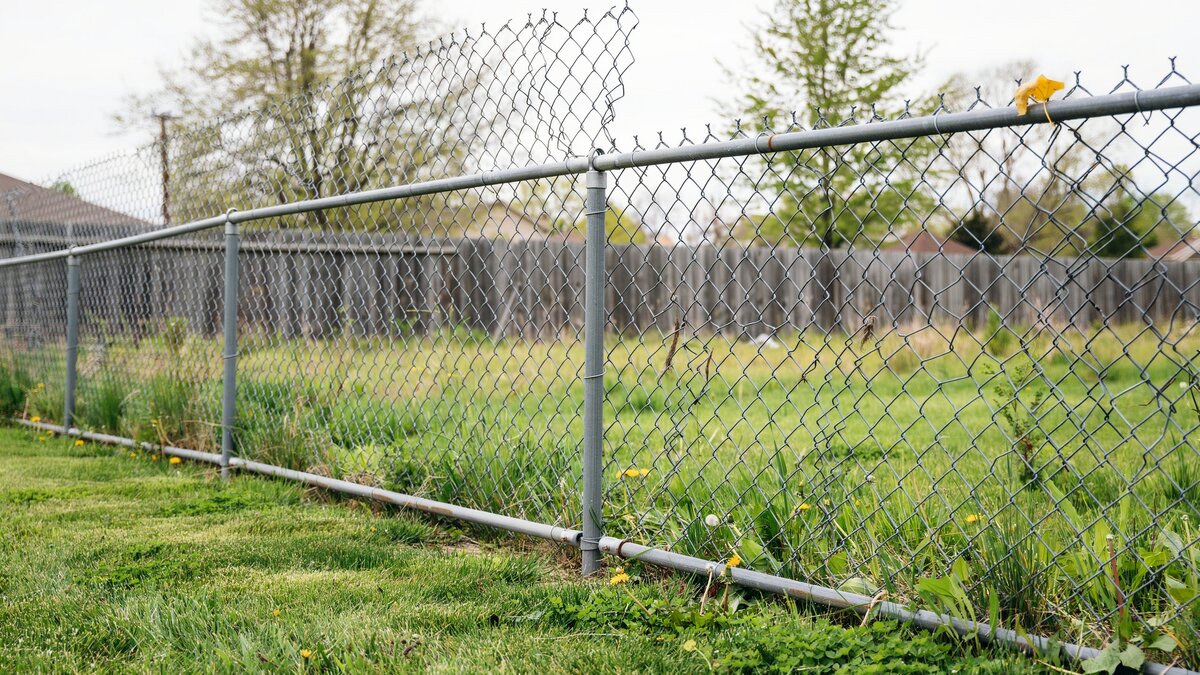 Galvanized metal chain link fence running through a grassy yard
