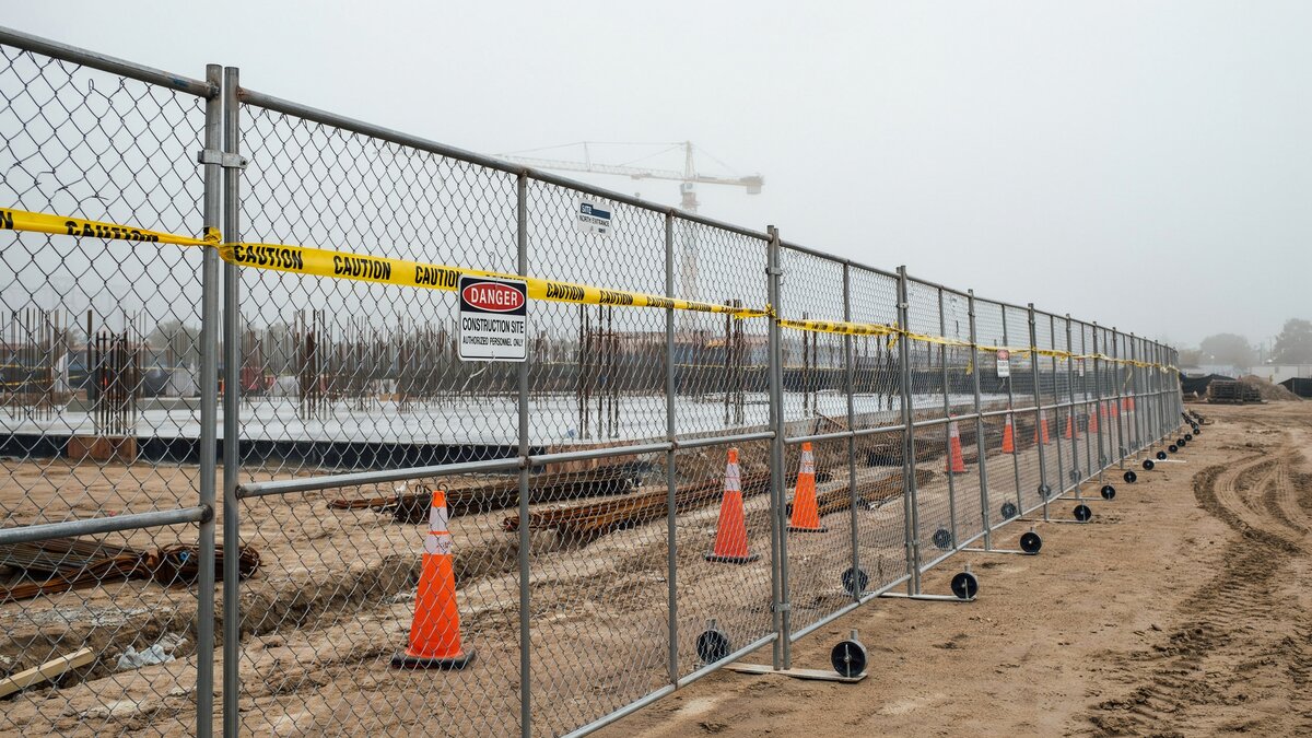 Temporary movable metal fence panels on a construction site