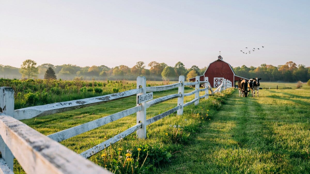 Traditional white wood farm fence with a red barn in the background