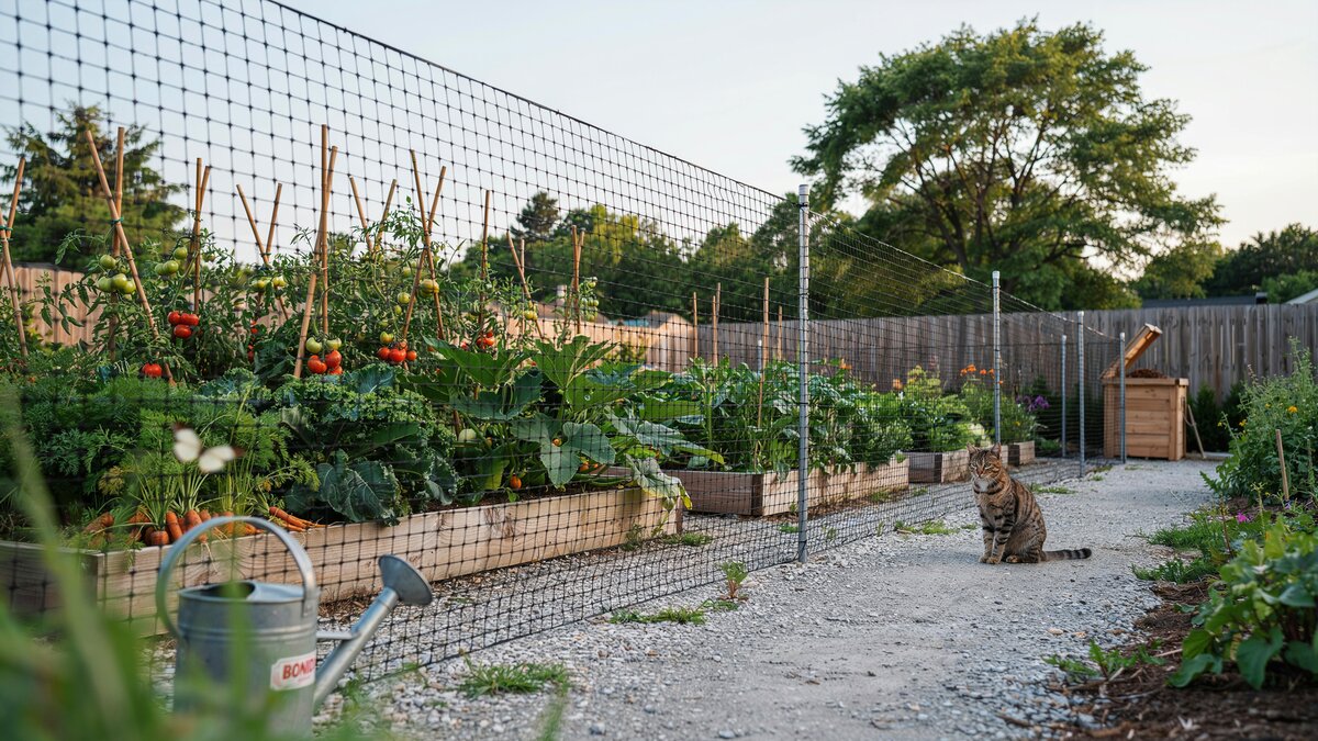 Tall mesh deer fence protecting a vegetable garden
