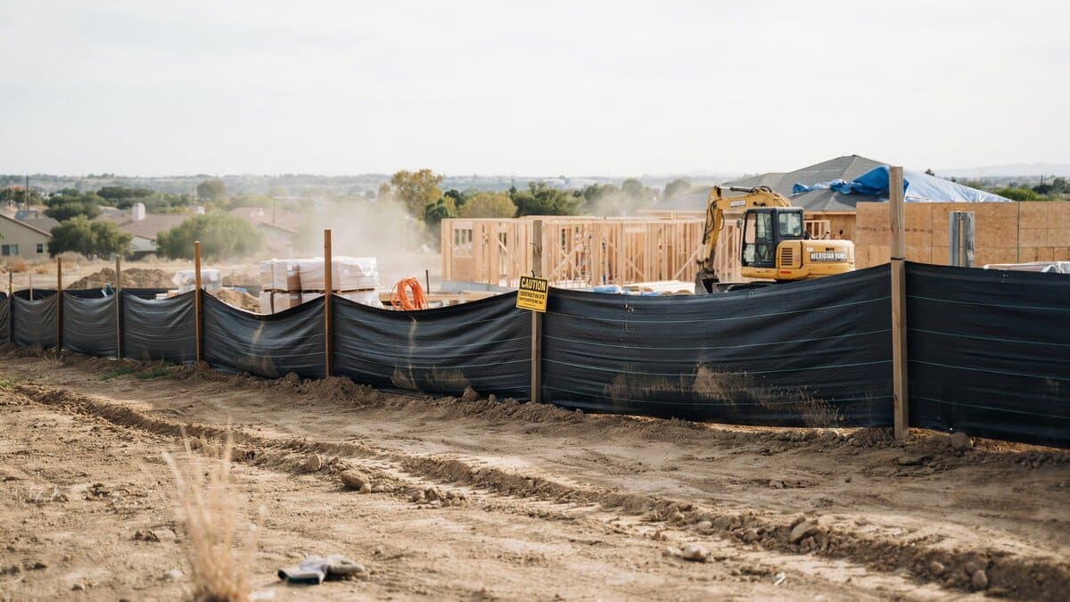 Black silt fence along a new home construction site