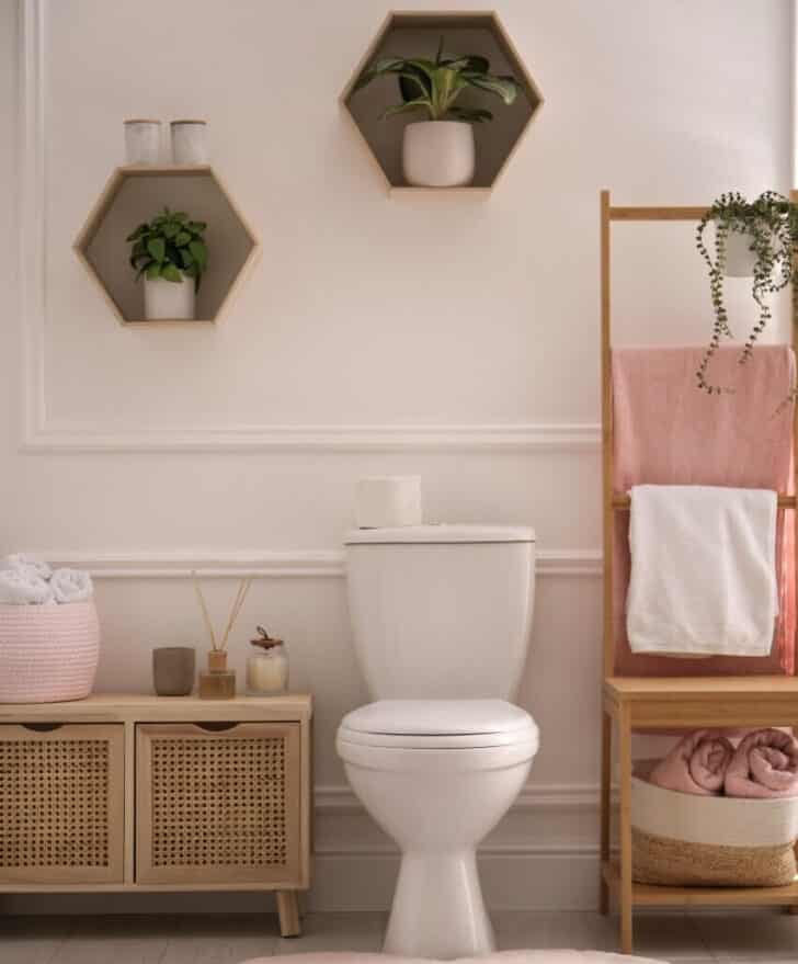 Bathroom Interior With Plant In Honeycomb Shelves And Wood Console Table With Decor Ss 1 728x879 