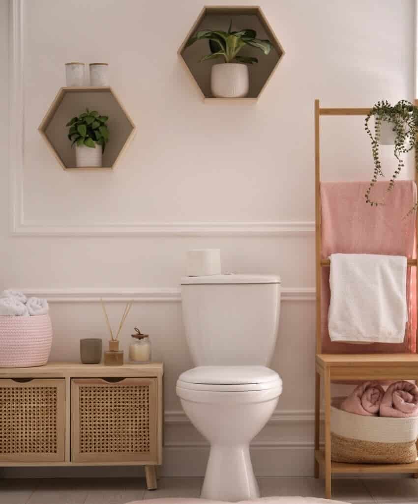 Bathroom interior with plant in honeycomb shelves and wood console table with decor