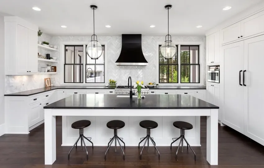 beige black and white kitchen