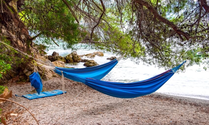 Yard chair and hammock in a garden with trees