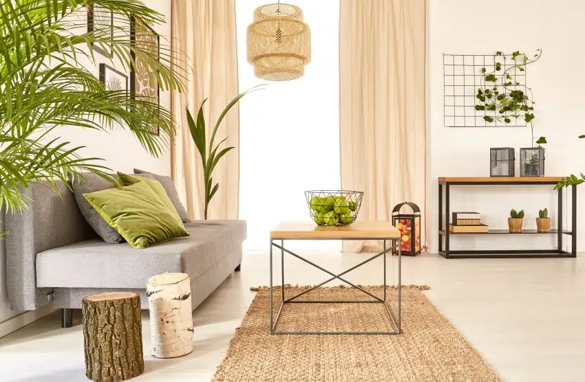 Bright living room with grey sofa, coffee table, plants, and large rattan pendant light