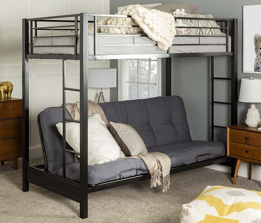 Carpeted bedroom with steel frame bunk bed and nightstand