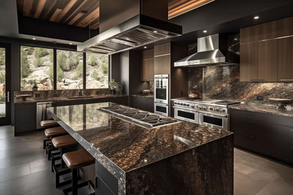 Gorgeous contemporary design kitchen with black and gold central island with cooktop
