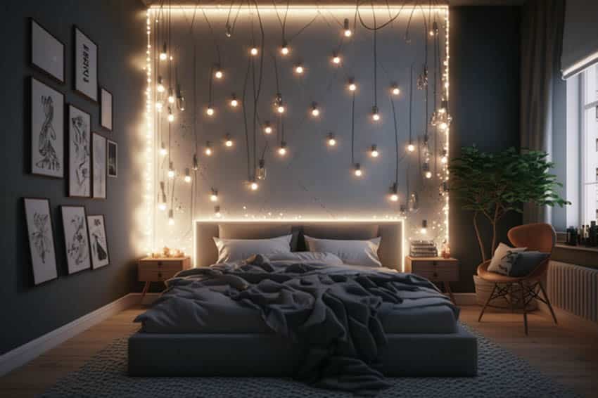 Contemporary master bedroom and string light wall with lighted headboard