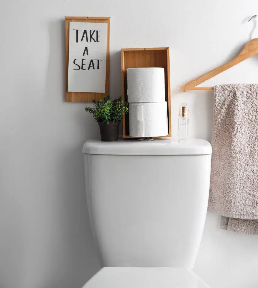 DIY wood decor and plant on top of toilet tank with a white wall background