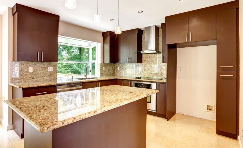 Empty Kitchen With Matte Brown Cabinets Granite Countertop And Backsplash And Marble Tile Floor Ss 