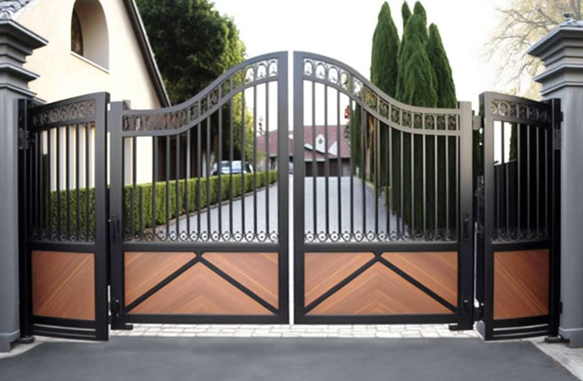 Folding metal driveway gate with wood finish panels