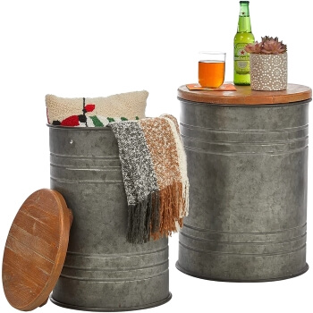 Galvanized metal accent barrel end table with round wood lid