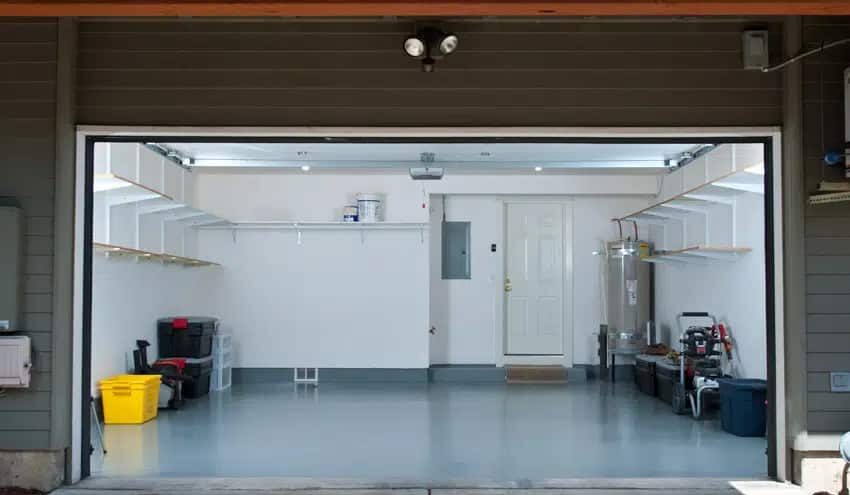Garage with sealed floor and ceiling lights