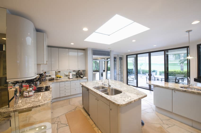 Kitchen with leathered finish quartzite counters, skylight, glass door, and white glossy cabinets