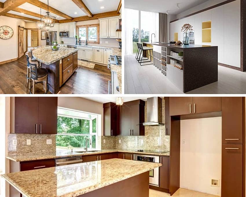 Kitchens with brown countertops and different paint