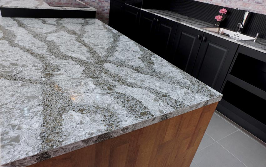Leathered quartzite countertop on kitchen center island