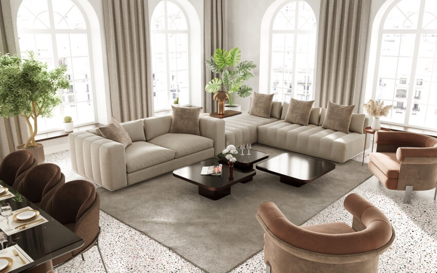 Living room interior with arch windows, modern sofa, carpet on terrazzo floor, and dining table