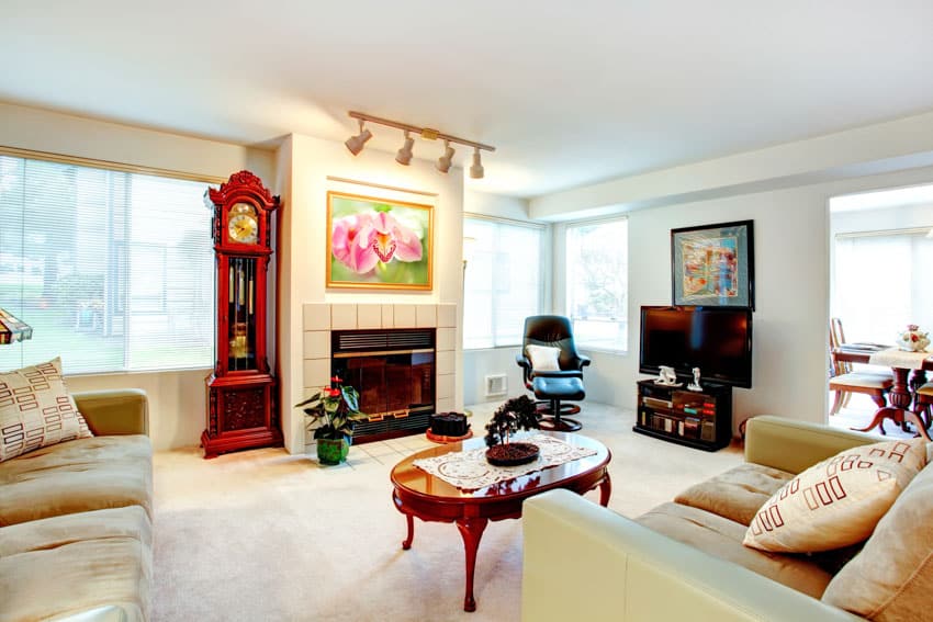 Red grandfather clock, fireplace and track lighting in a liviing area