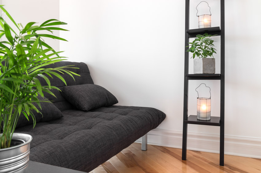 Diagonal flooring, standing shelves with indoor plants, wall baseboard