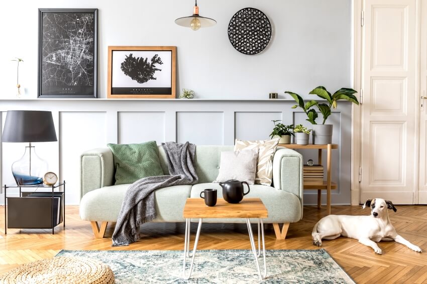 Living room with modern mint sofa, pendant light, end table, coffee table, and a dog on parquet floor