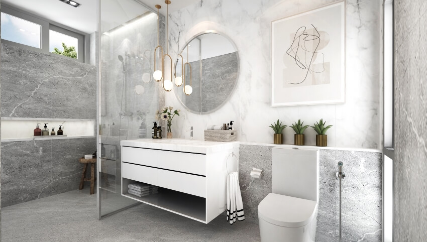 Luxury bathroom with pendant lights, floating vanity, and grey cement marble texture walls