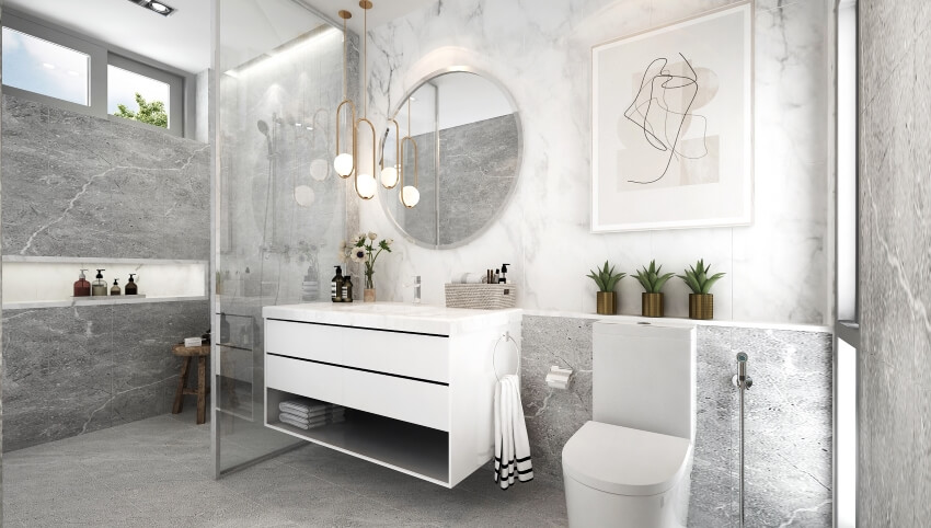 Luxury bathroom with pendant lights, vanity, and grey cement marble texture walls