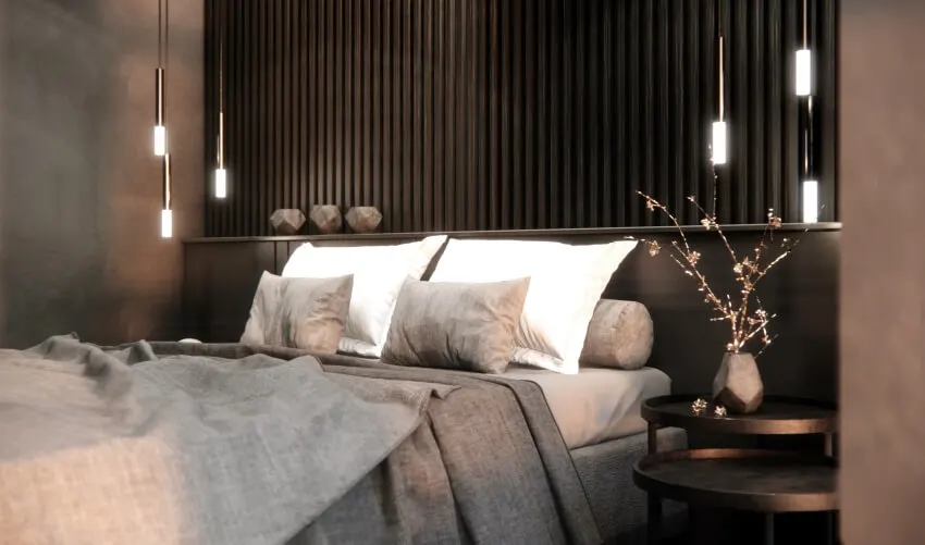 Luxury bedroom interior with dark tone decorated with hanging lamps and vase on the site table