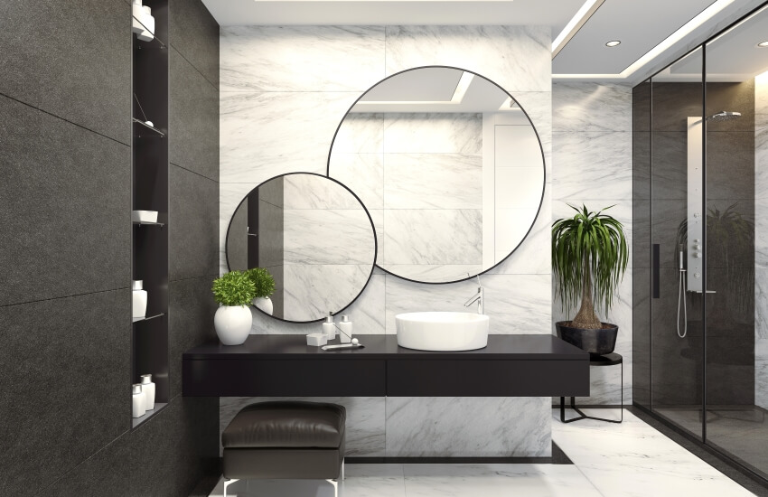 Minimalist modern bathroom with white marble wall and floor glass shelves and black countertop