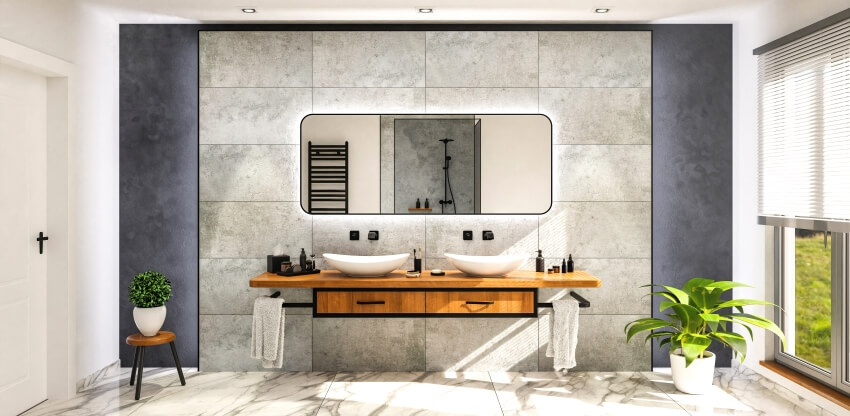 Modern bathroom with marble tile floor, and vanity basin on an oak countertop