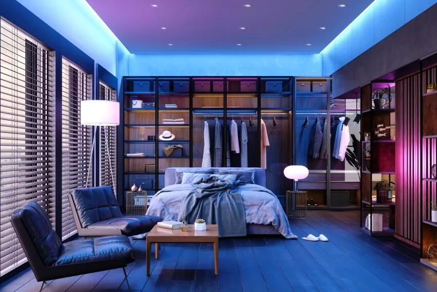 Modern bedroom interior with neon light, bed armchairs, floor lamp, and windows with blinds