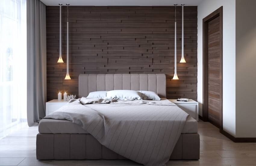 Modern bedroom with grey bed, panels on the wall, LED backlight on ceiling, and stylish pendant lights