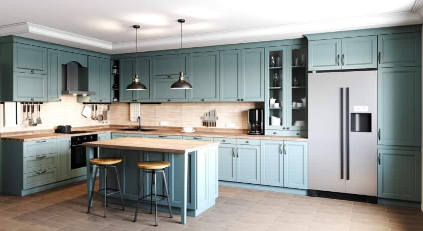 Modern kitchen with a brown wood countertop, light blue cabinets, and island with bar stools