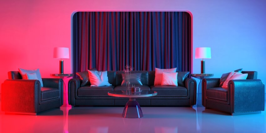 Modern living room with violet and red mood lighting, leather sofa, armchairs, and table lamps