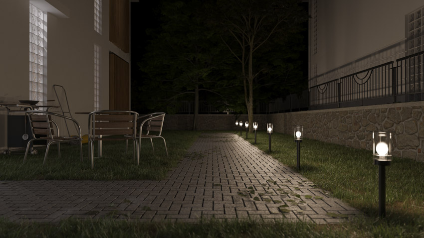 Outdoor area with pathway and led lighting fixtures