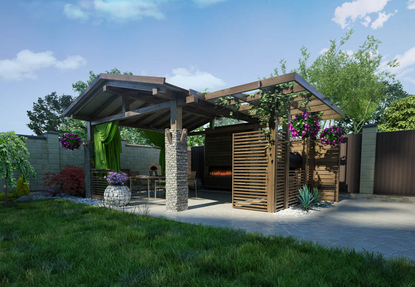 Outdoor area with pergola, and various plants growing on it