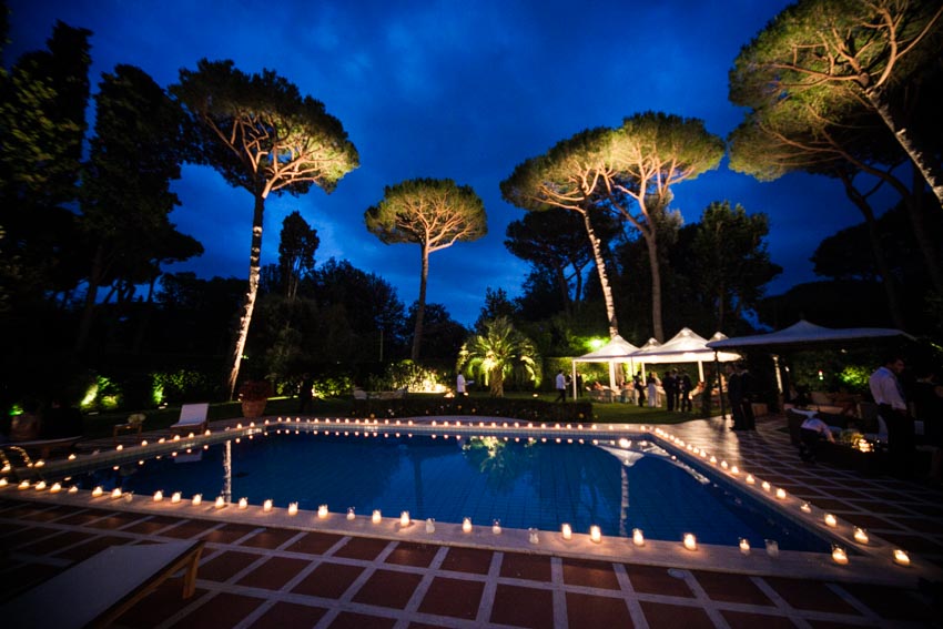Outdoor landscape lighting with pool and trees