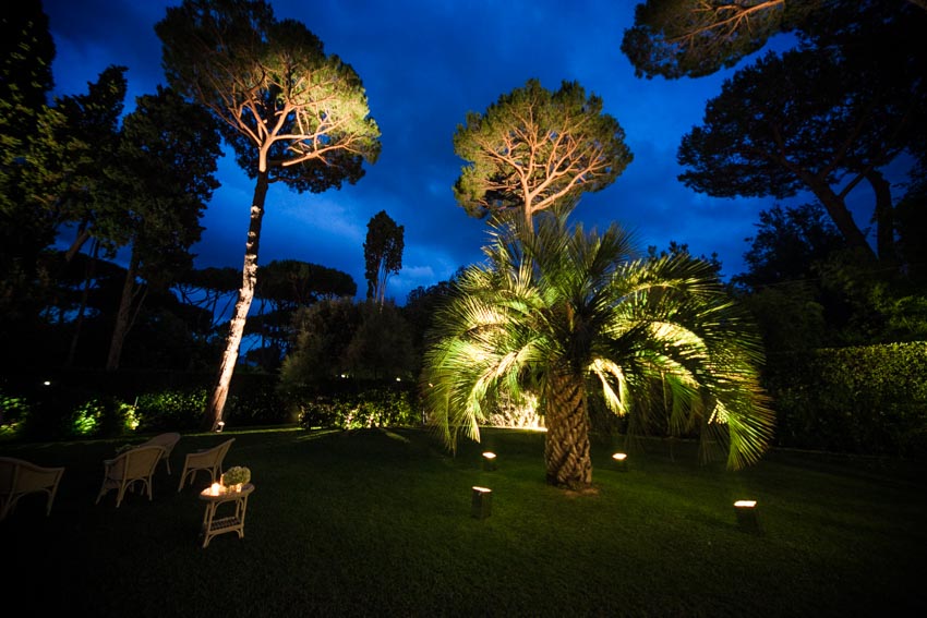 Outdoor lawn with up lighting, and trees
