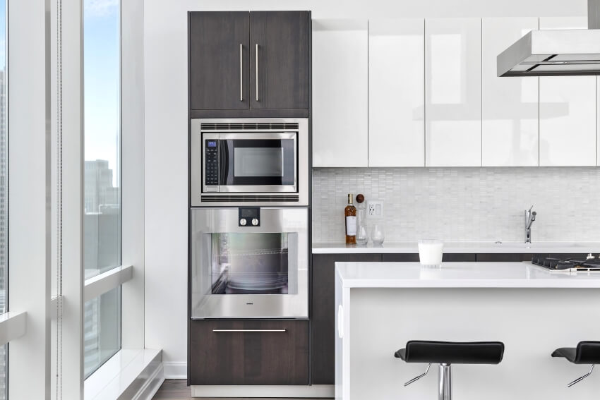 Penthouse kitchen with mosaic tile backsplash, glossy cabinets, and panoramic windows