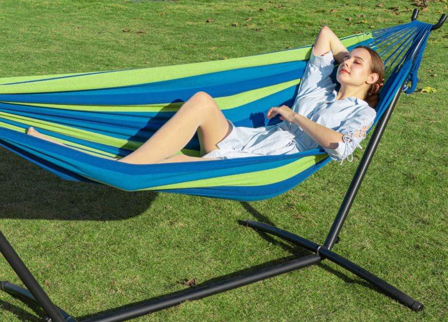 Portable hammock with space saving steel stand