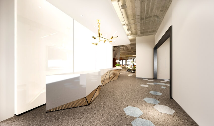 Reception hall and office with geometry decor, counter, chandelier, and terrazzo