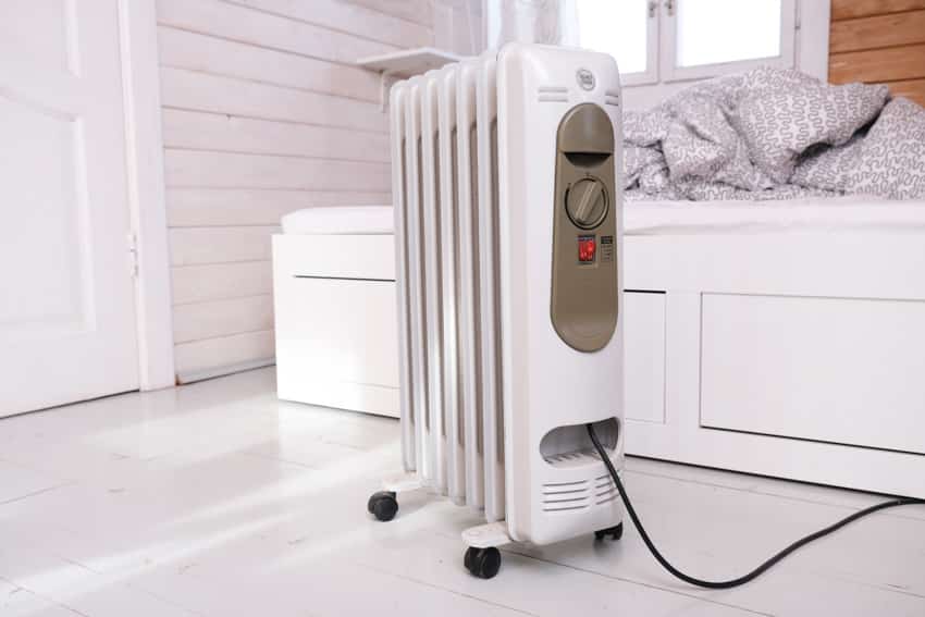 Room with space heater, white wall, and floor