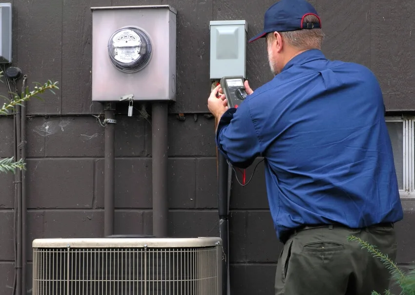 Service technician checks air conditioner units 