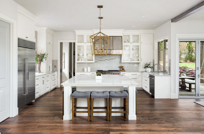 modern white kitchen dark floor